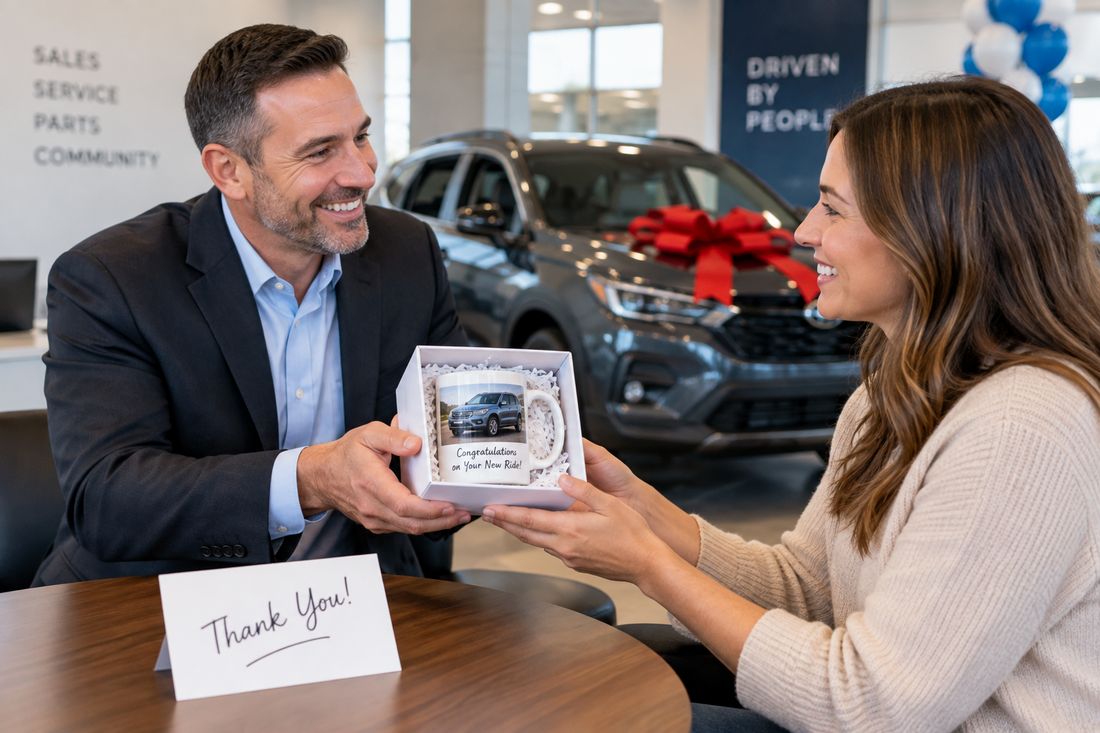 Auto sales professional presenting a personalized customer appreciation gift after a vehicle purchase