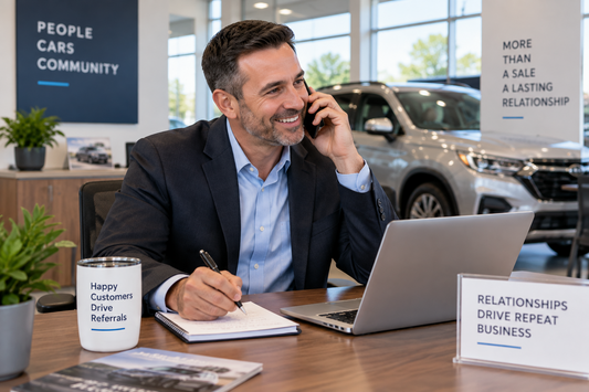 Auto sales professional following up with a customer after a vehicle purchase