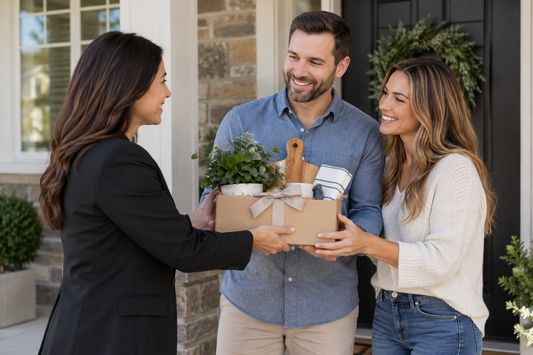 Real estate professional presenting a closing gift to new homeowners