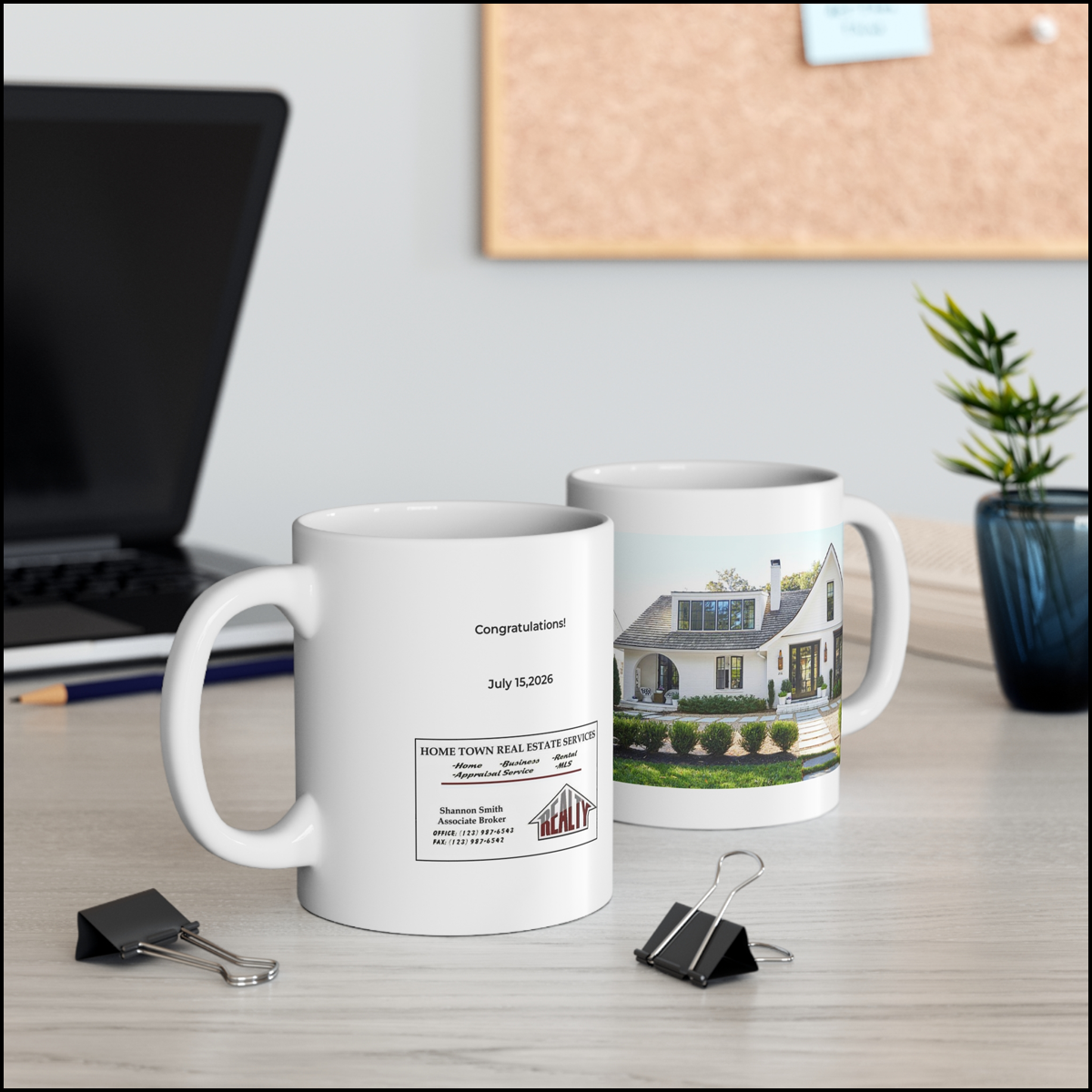 Personalized real estate closing gift mug featuring the client's home photo and agent business card