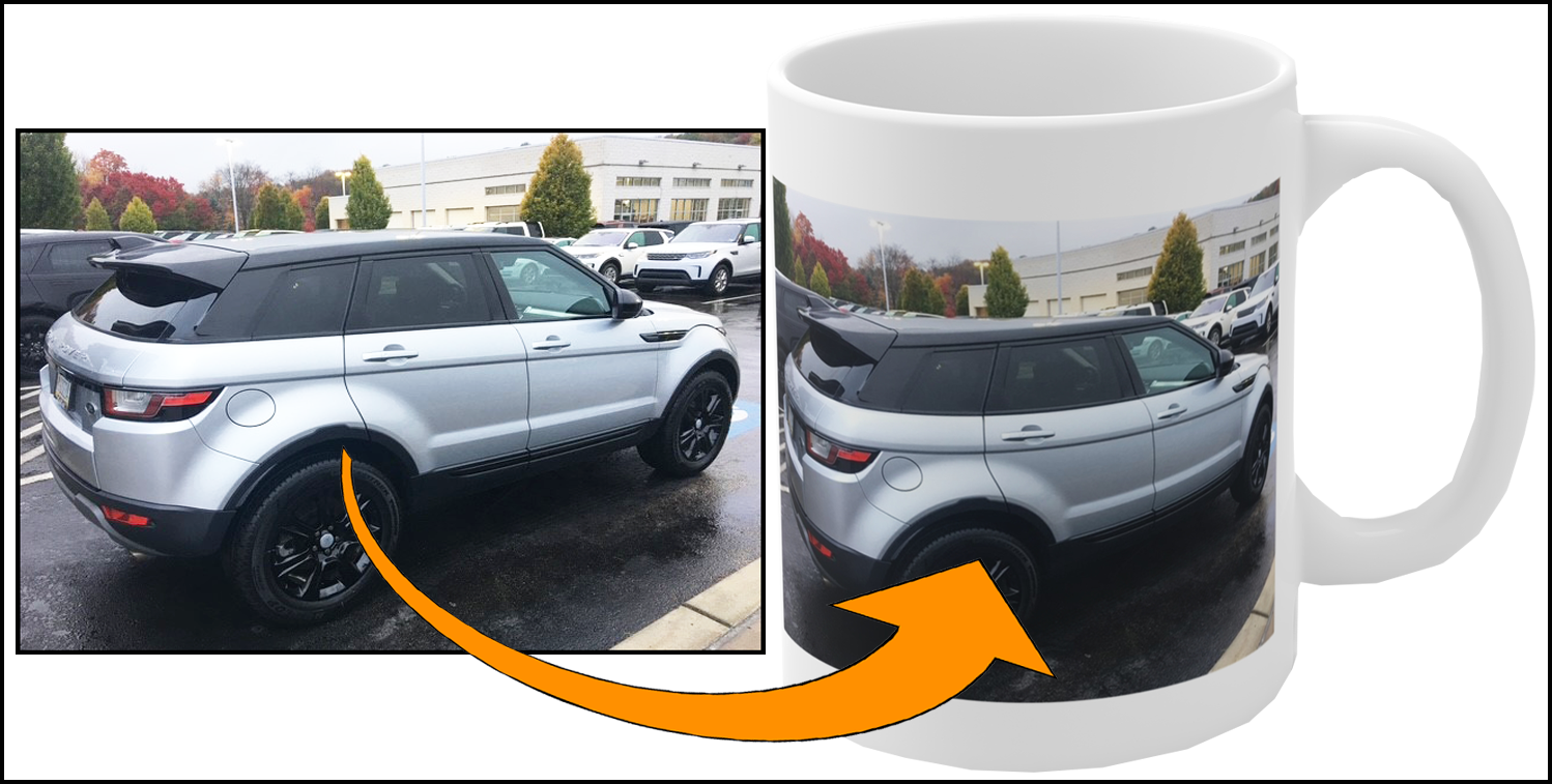 Vehicle photo transformed into a personalized customer appreciation mug for auto sales professionals