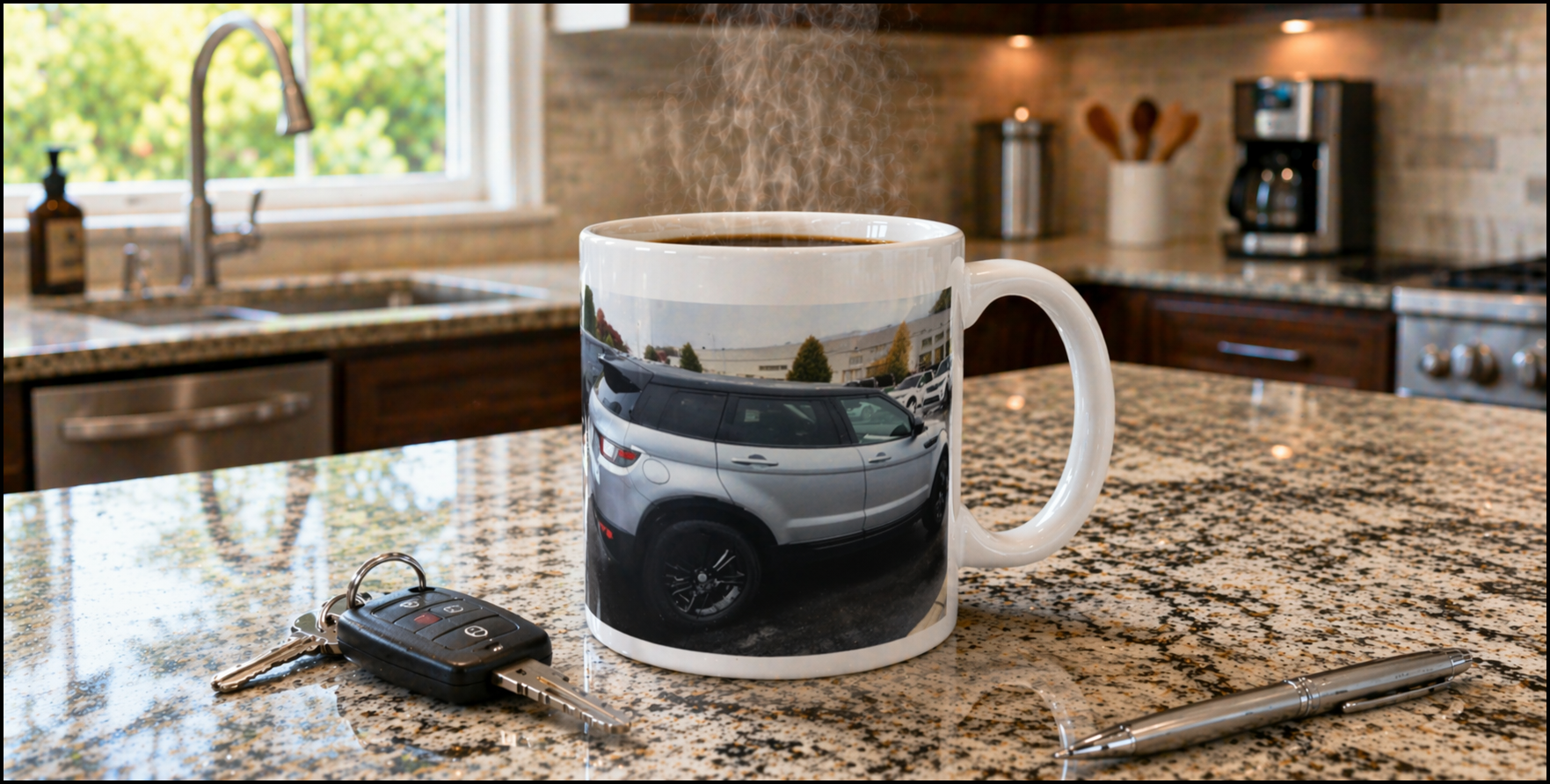 Personalized mug sitting on kitchen counter with car keys and pen nearby.