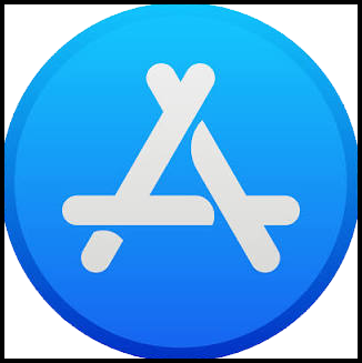 Apple App Store icon with a blue circle and white app icons to download app