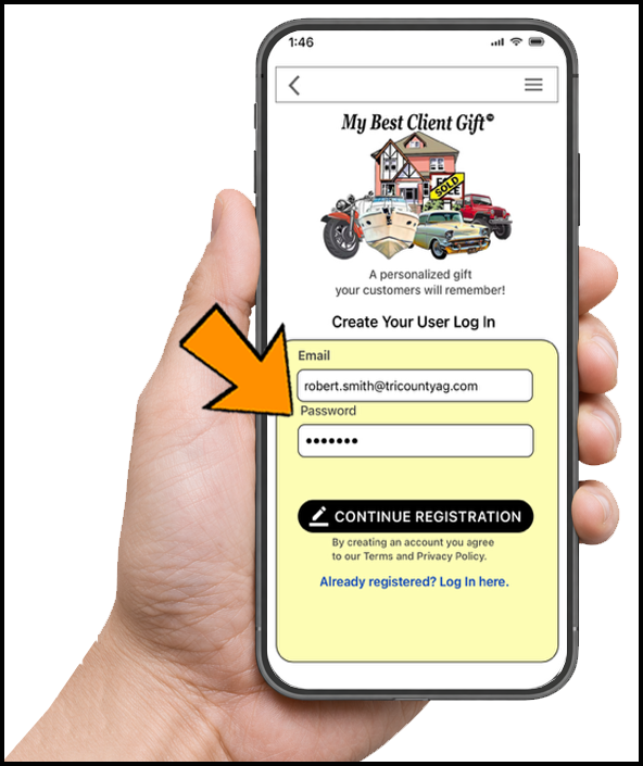 New user creating a login on the My Best Client Gift app
