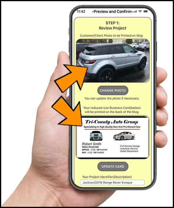 Hand holding the My Best Client Gift app previewing the vehicle photo and saved business card.