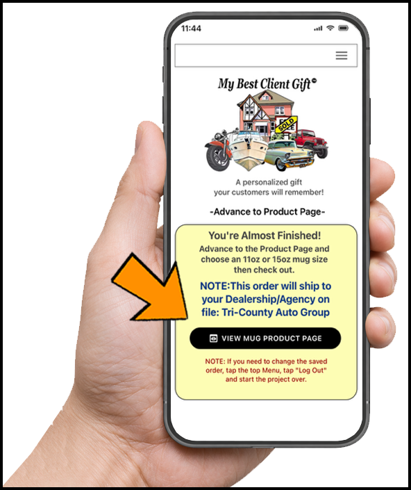 Final step in the My Best Client Gift app before ordering a personalized auto sales customer appreciation mug