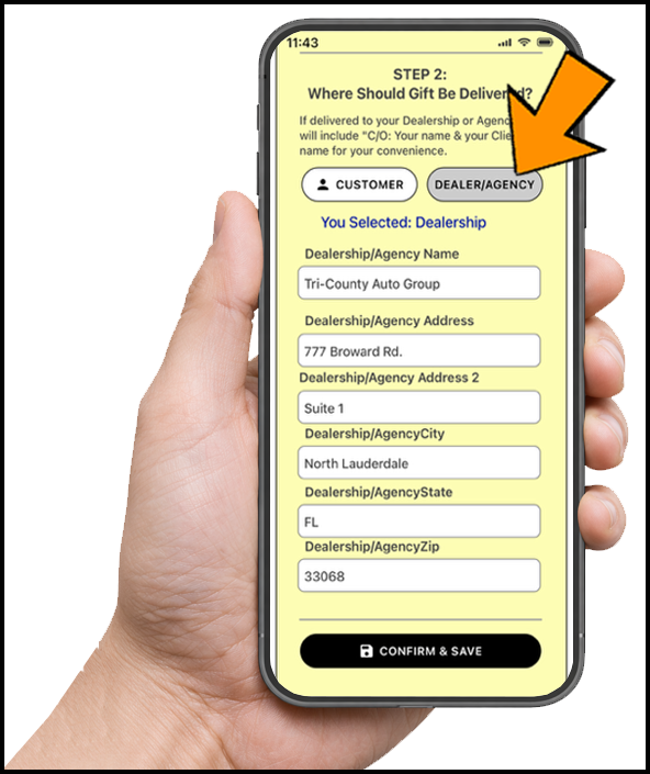 Hand holding a smartphone displaying the saved Dealership shipping information.