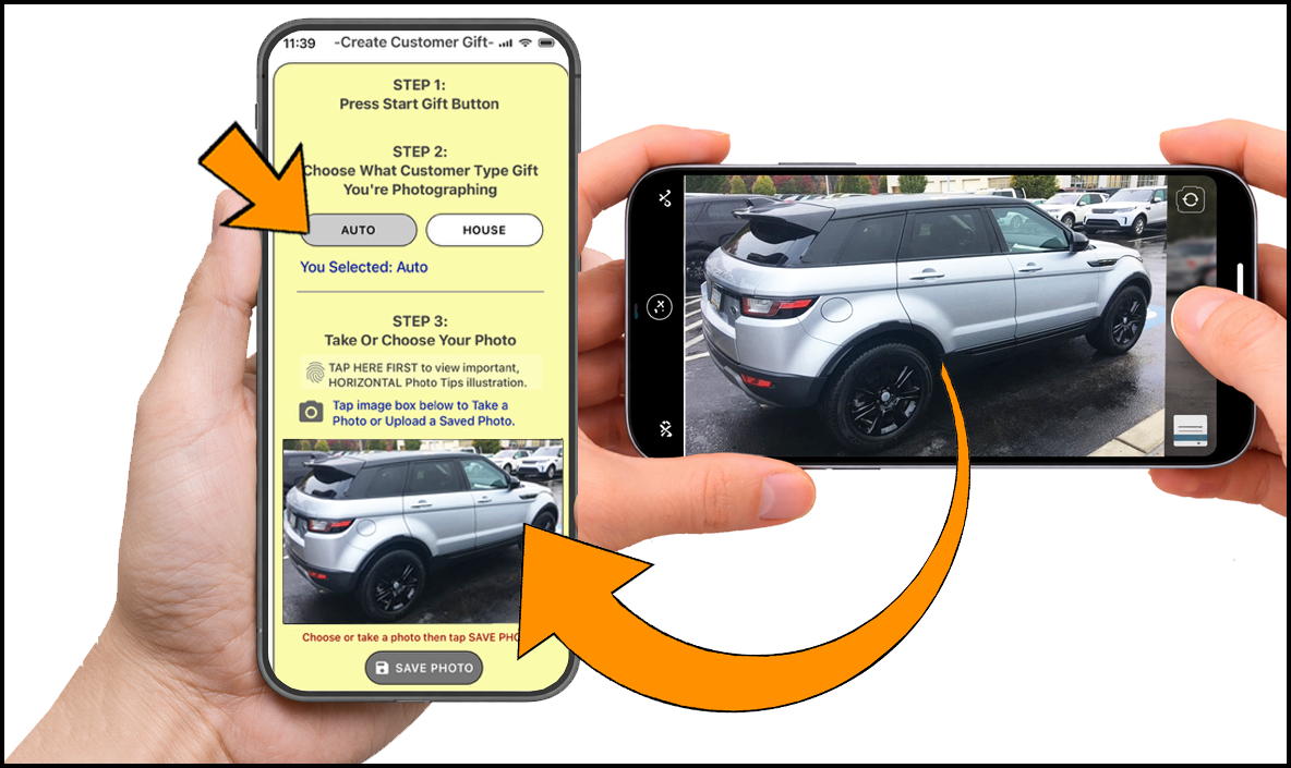 Mobile app process for creating a personalized auto dealership mug gift from a vehicle photo