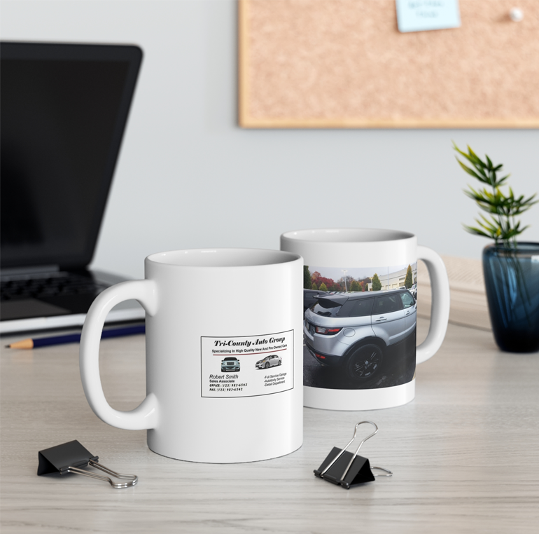 Personalized auto sales customer Appreciation mugs featuring dealership business card and vehicle photo