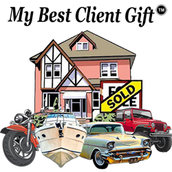 My Best Client Gift logo illustration of house sold sign and truck, car, boat, and motorcycle in front