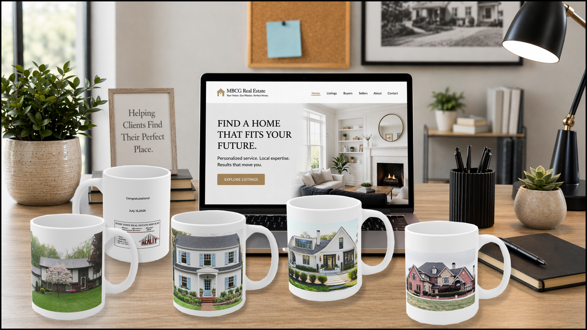 Personalized closing gift mugs for real estate professionals featuring client home photos and agent branding